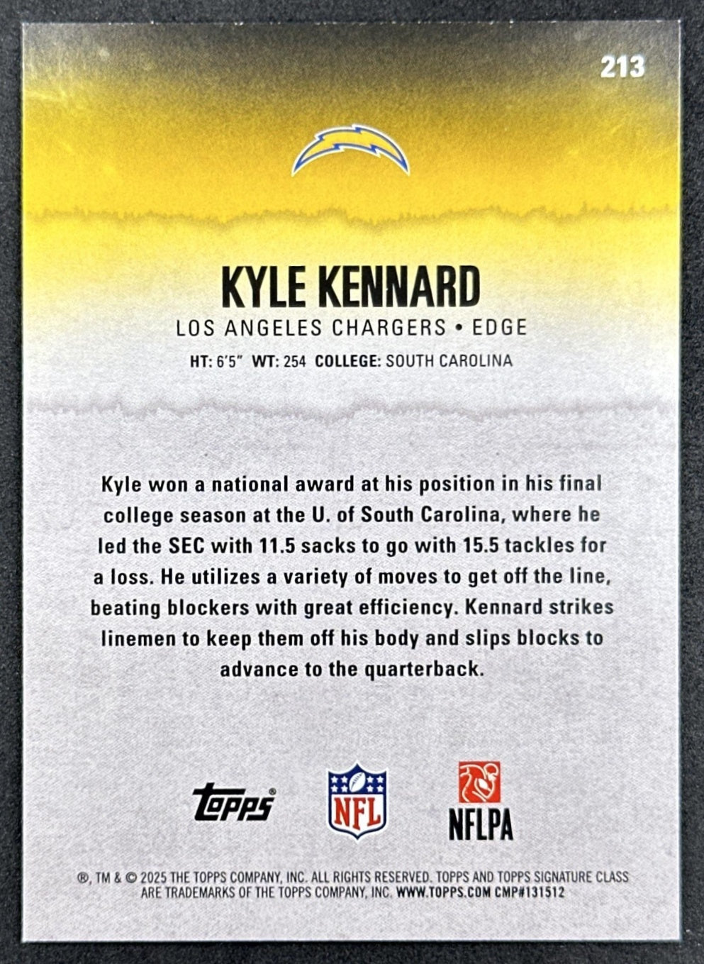 Kyle Kennard 2025 Topps Signature Class Rookie Blue & Yellow Foil Chargers back