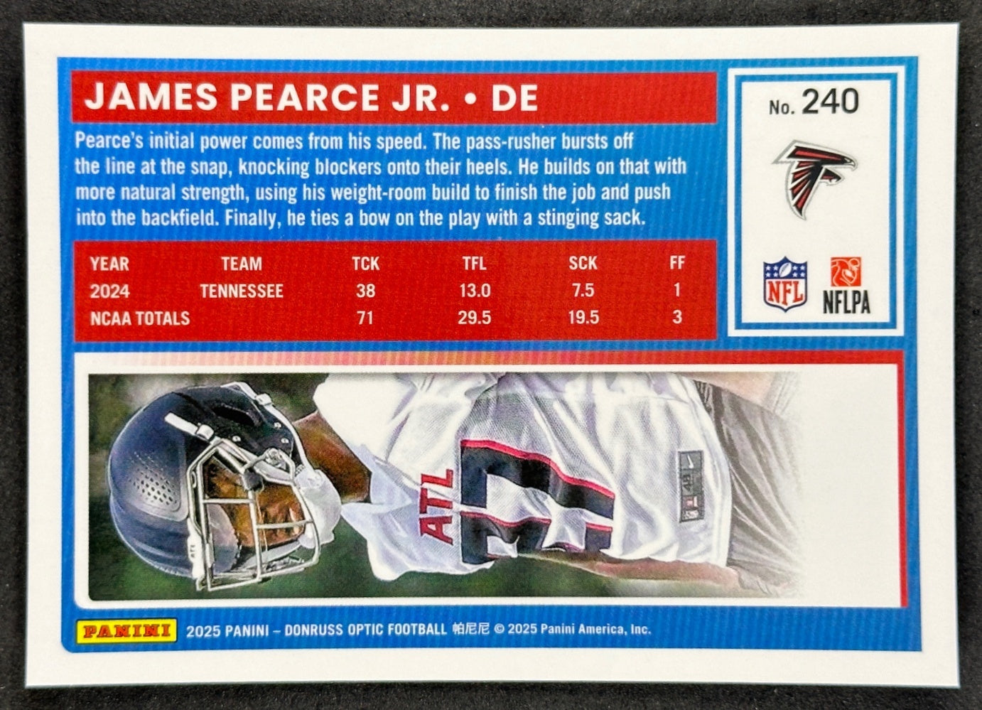 James Pearce Jr. 2025 Donruss Optic Rated Rookie Falcons Sports Trading Card
