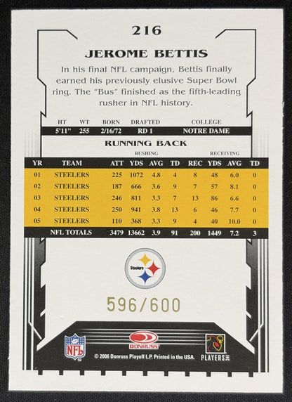 Jerome Bettis 2006 Score Gold /600 Steelers Sports Trading Cards
