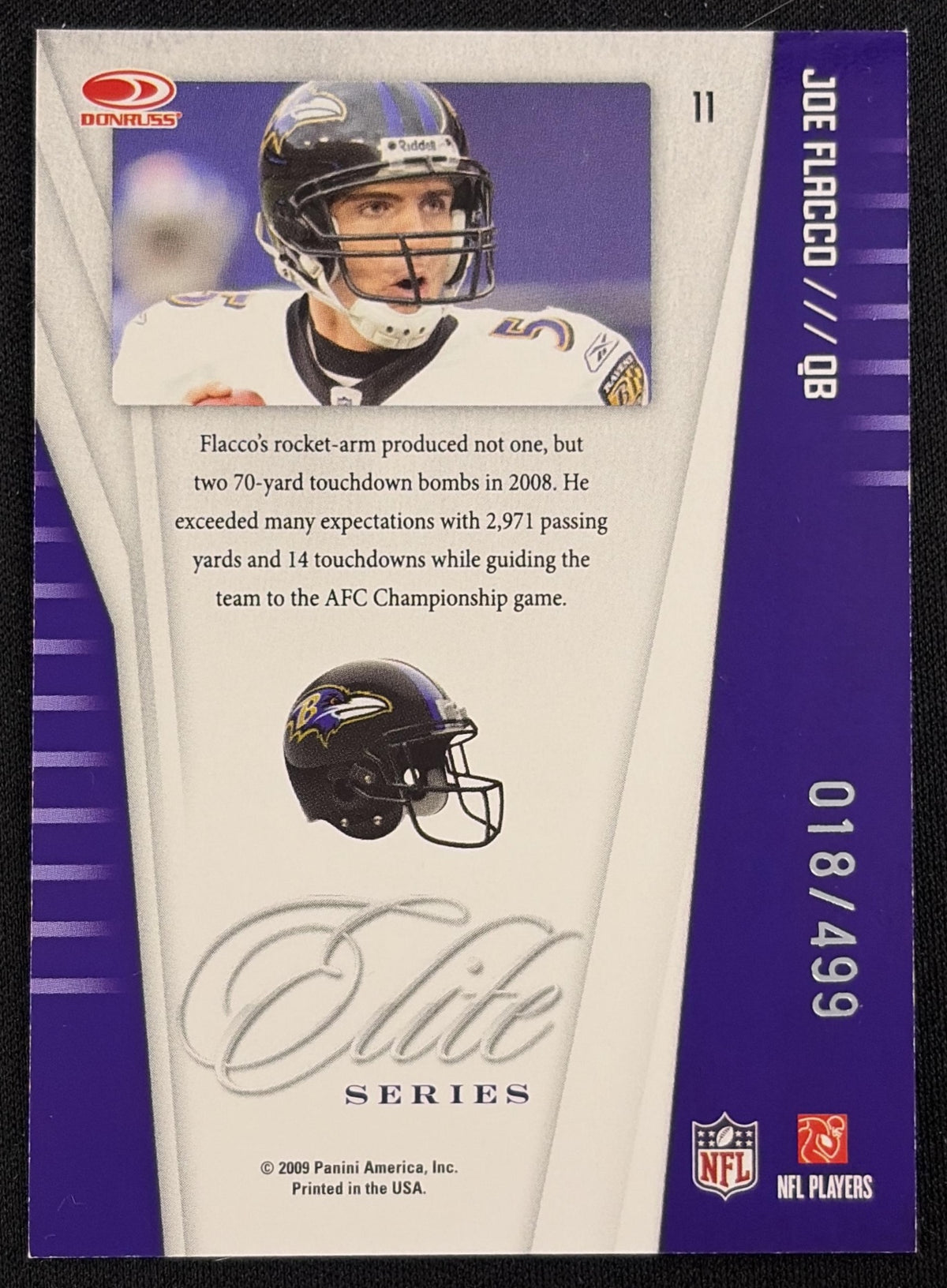 Joe Flacco 2009 Panini Donruss Elite Series Green /499 Ravens sports trading card back
