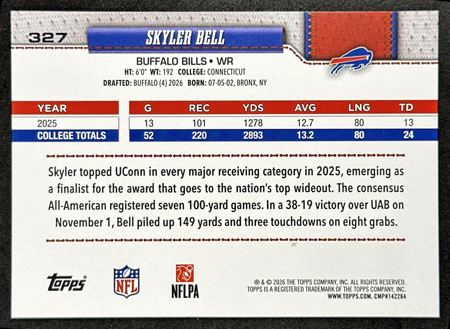Skyler Bell 2026 Topps Flagship Rookie Bills Sports Trading Card