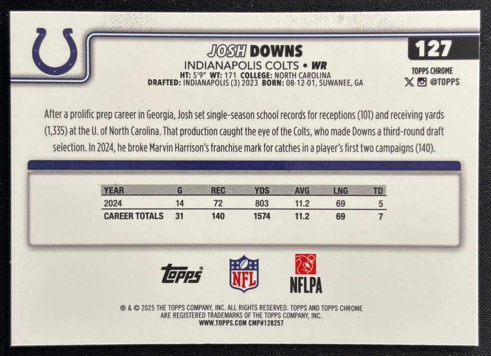 Josh Downs 2025 Topps Chrome Colts Sports Trading Cards