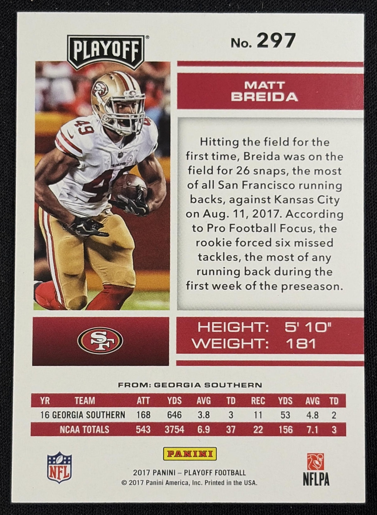 Matt Breida 2017 Panini Playoff 3rd Down /25 49ers - Back