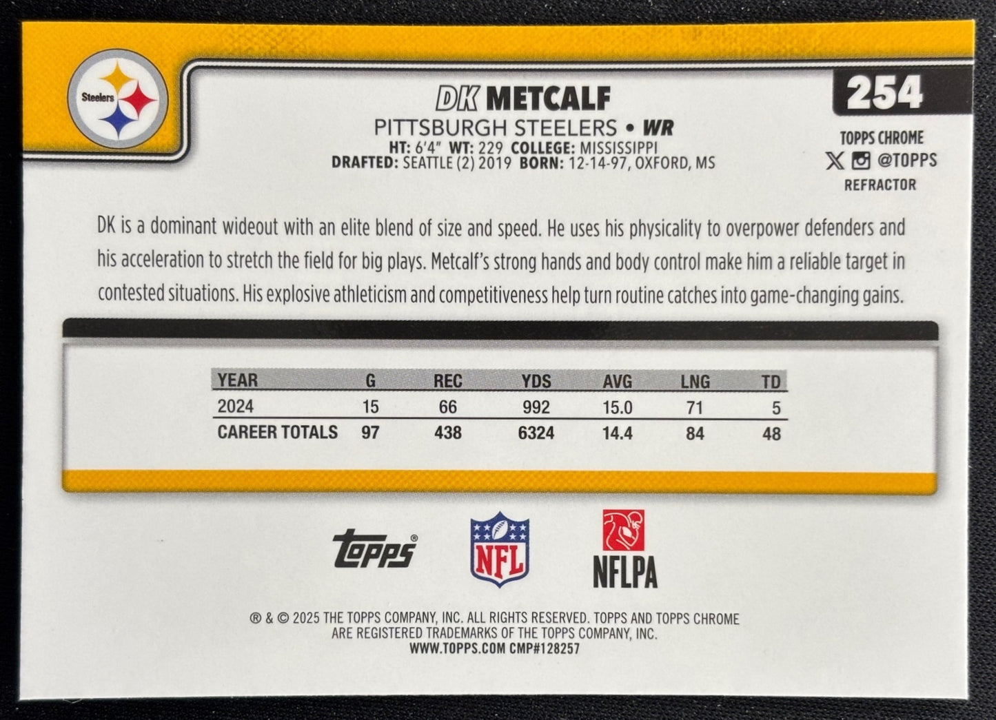 DK Metcalf 2025 Topps Chrome Refractor Steelers Football