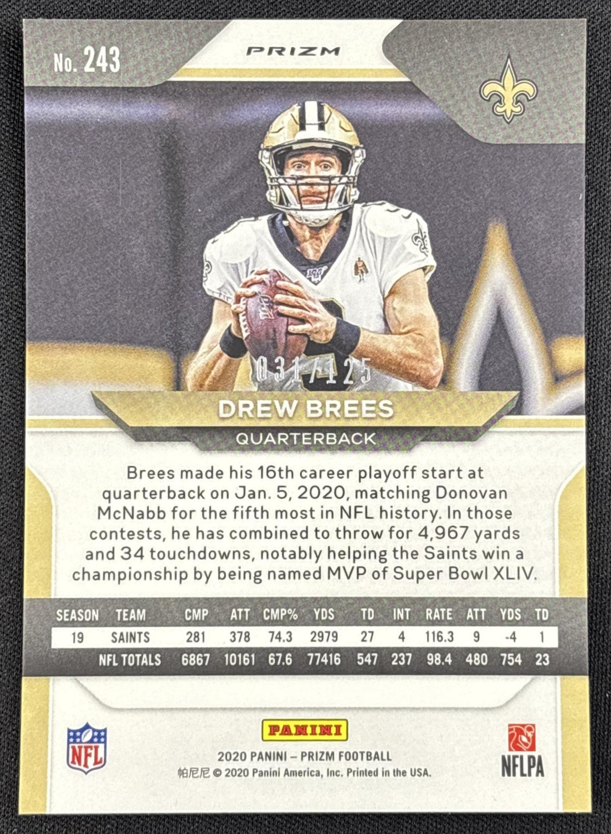 Drew Brees 2020 Panini Prizm Purple /125 Saints - back
