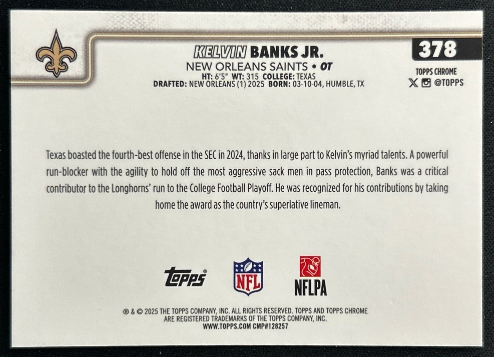 Kelvin Banks Jr. 2025 Topps Chrome Rookie Saints Sports Trading Cards