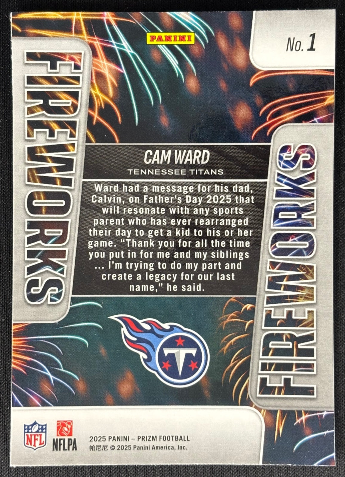 Cam Ward 2025 Prizm Fireworks Titans - back