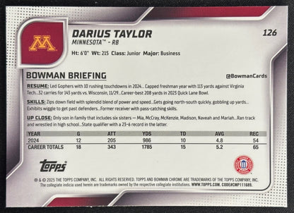 Darius Taylor 2025 Chrome University Sapphire Prospect Golden Gophers Sports Trading Card