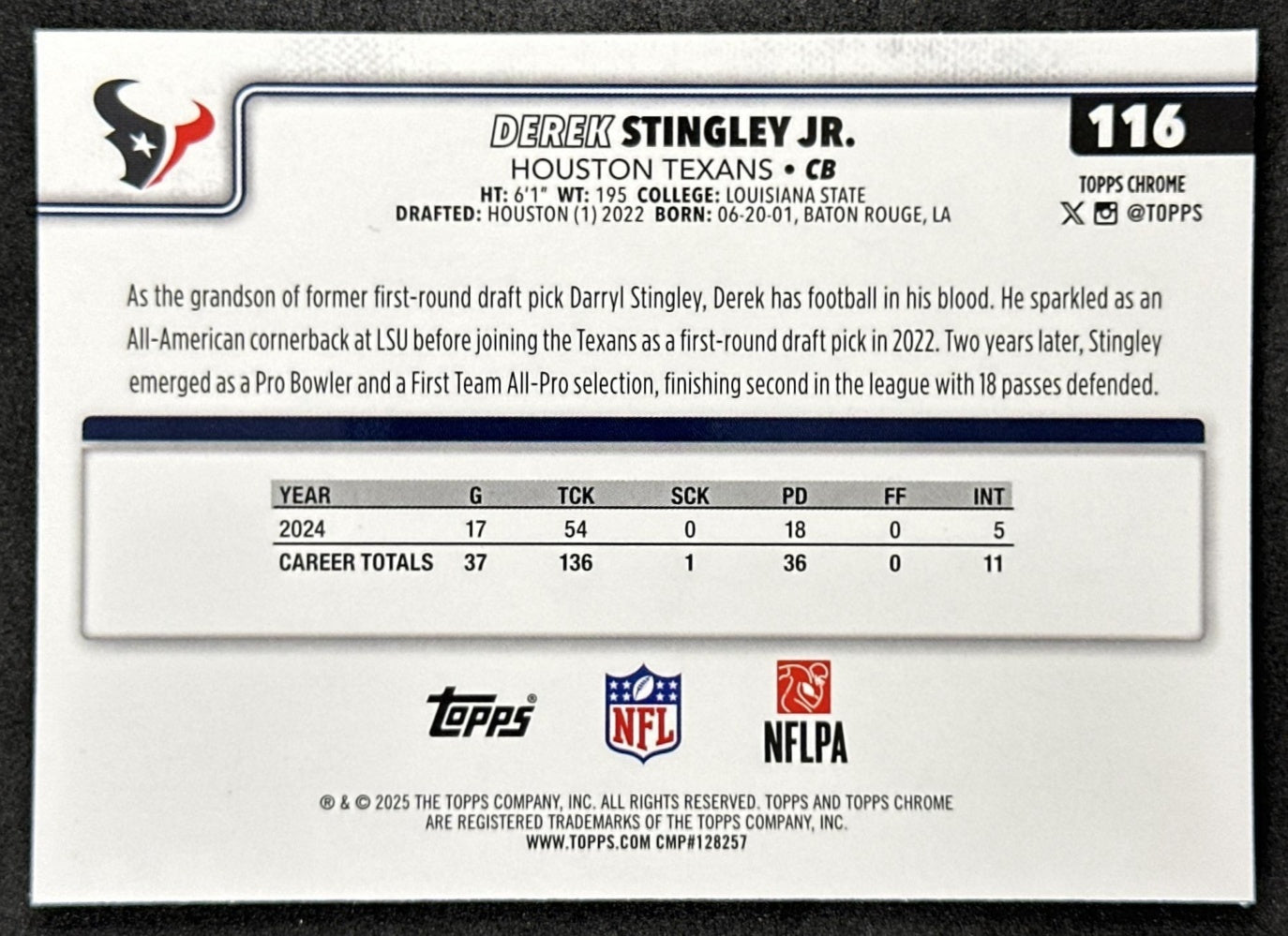 Derek Stingley Jr. 2025 Topps Chrome Sapphire Texans