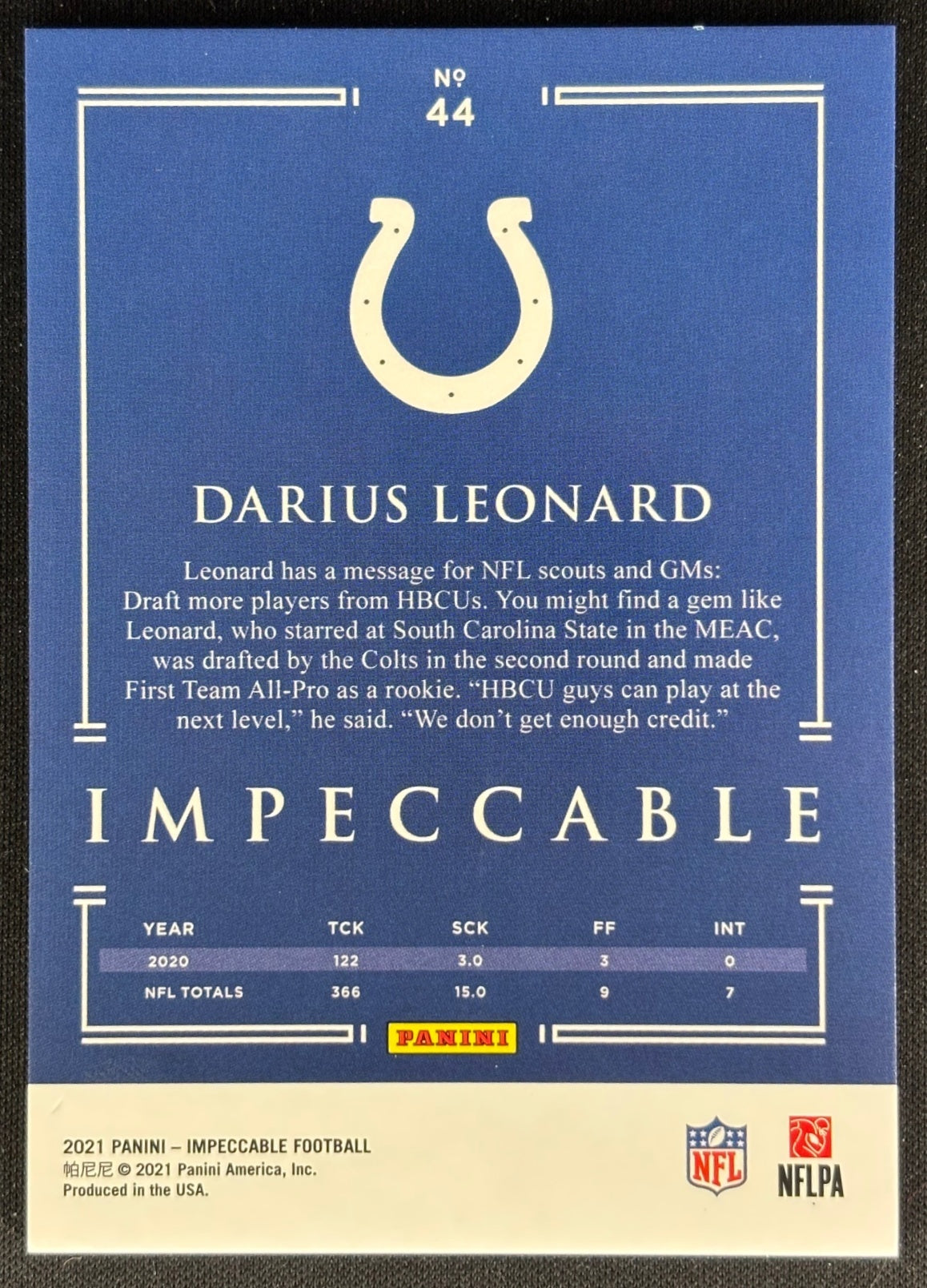 Darius Leonard 2021 Impeccable /75 Colts