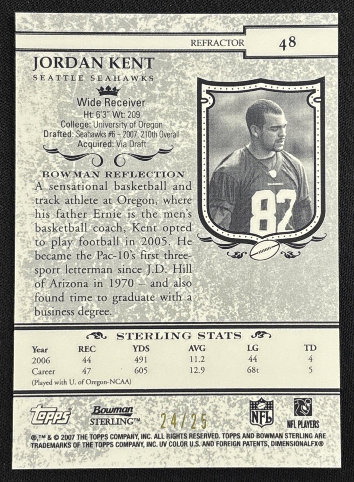 Jordan Kent 2007 Bowman Sterling Black Refractor /25 Seahawks Sports Trading Card