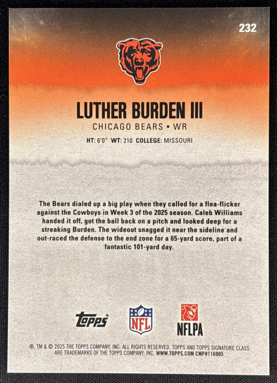 Luther Burden III 2025 Signature Class Chrome Rookie Orange Lava Refractor /50 Bears back