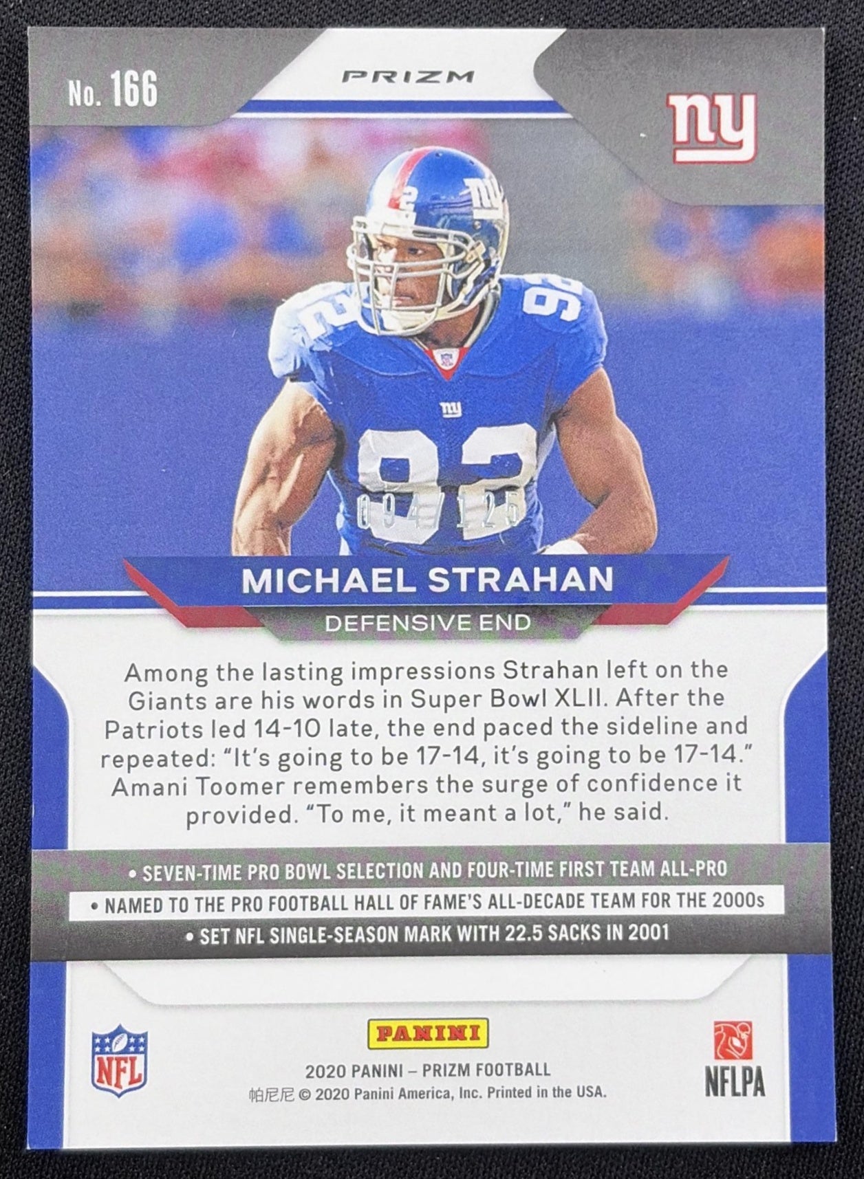 Michael Strahan 2020 Panini Prizm Purple /125 Giants back