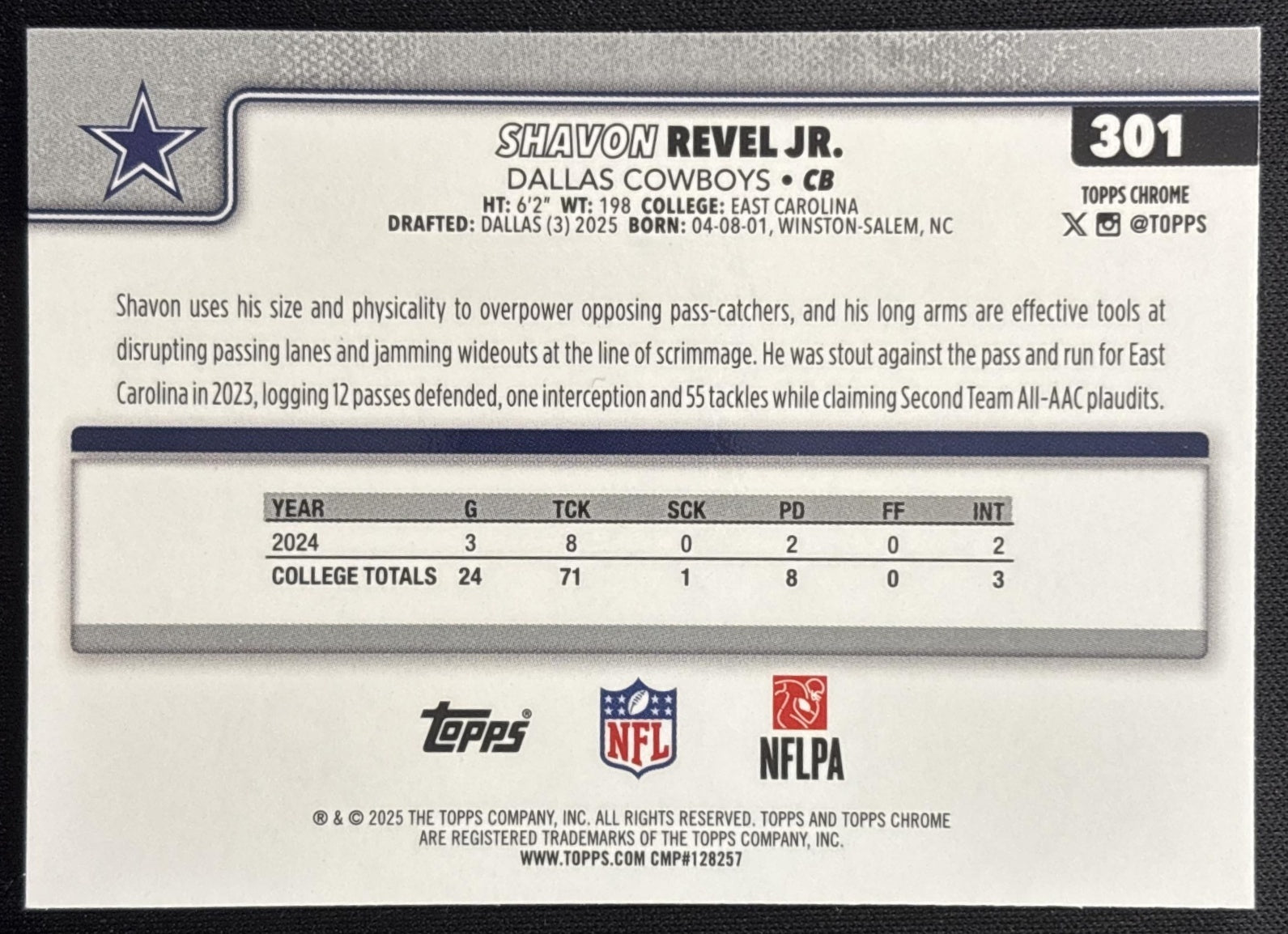 Shavon Revel Jr. 2025 Topps Chrome Rookie Pink Wave Refractor /250 Cowboys Sports Trading Cards