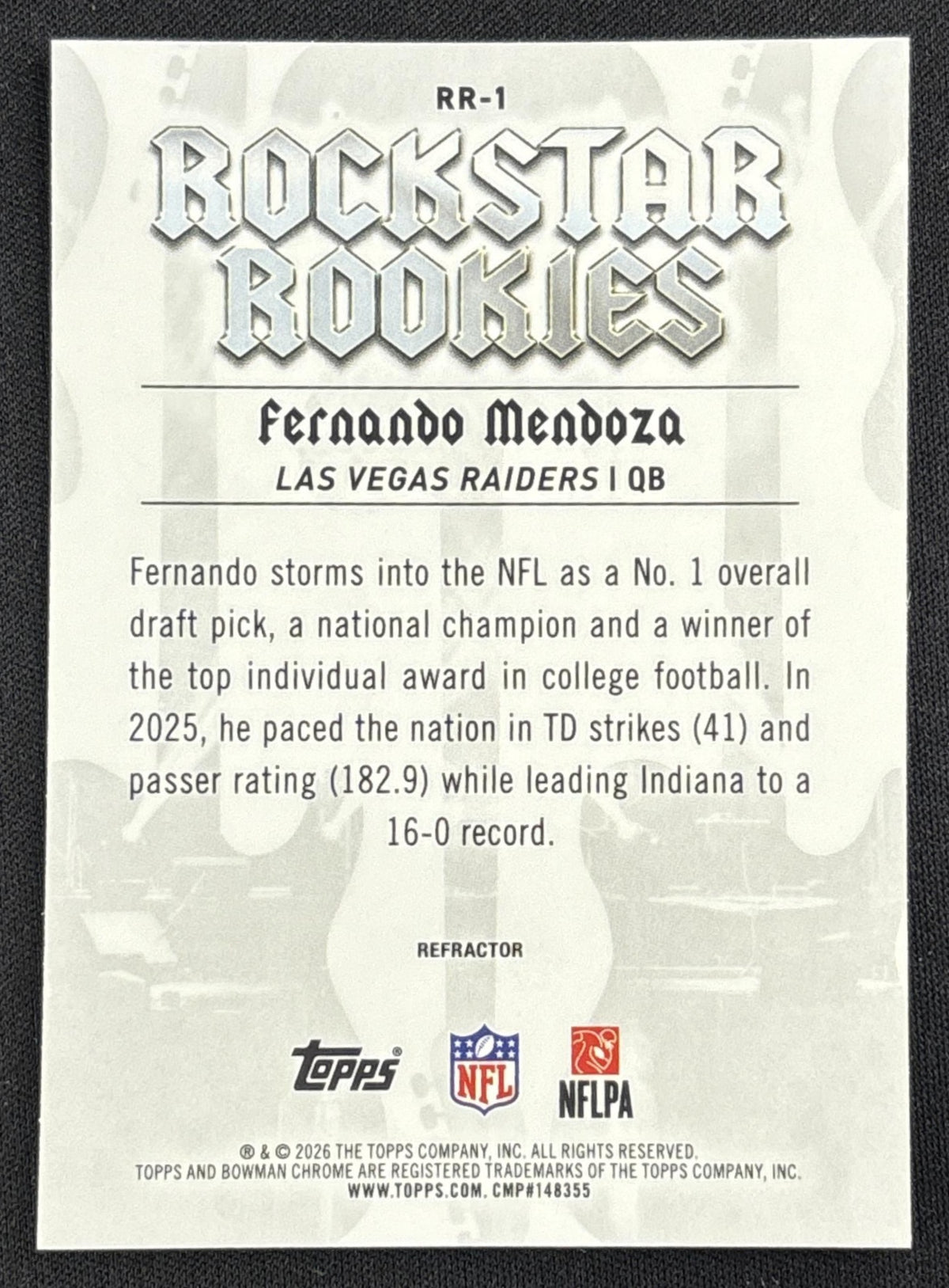 Fernando Mendoza 2026 Bowman Rockstar Rookies Refractor Raiders