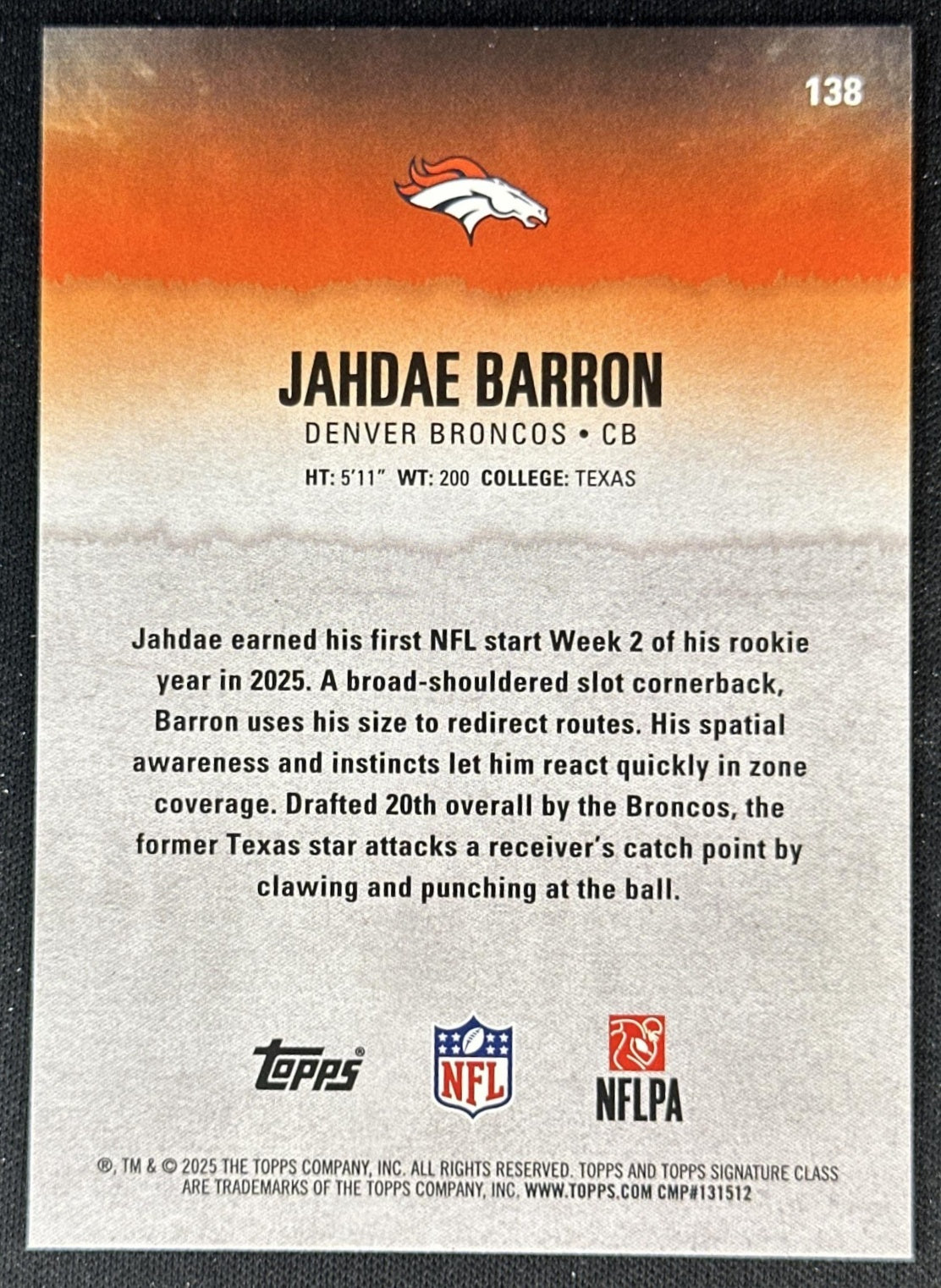 Jahdae Barron 2025 Topps Signature Class Green & Purple Rookie Broncos back
