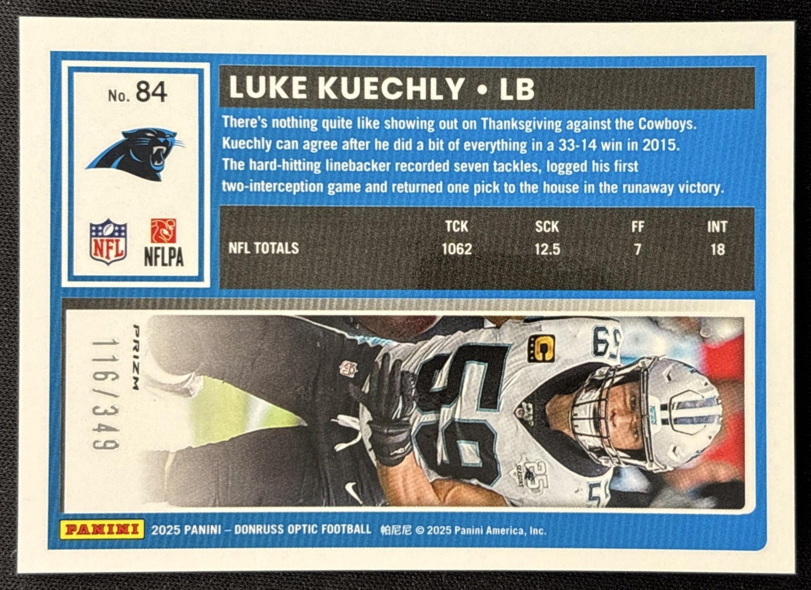 Luke Kuechly 2025 Panini Donruss Optic Aqua Prizm /349 Panthers Sports Trading Cards