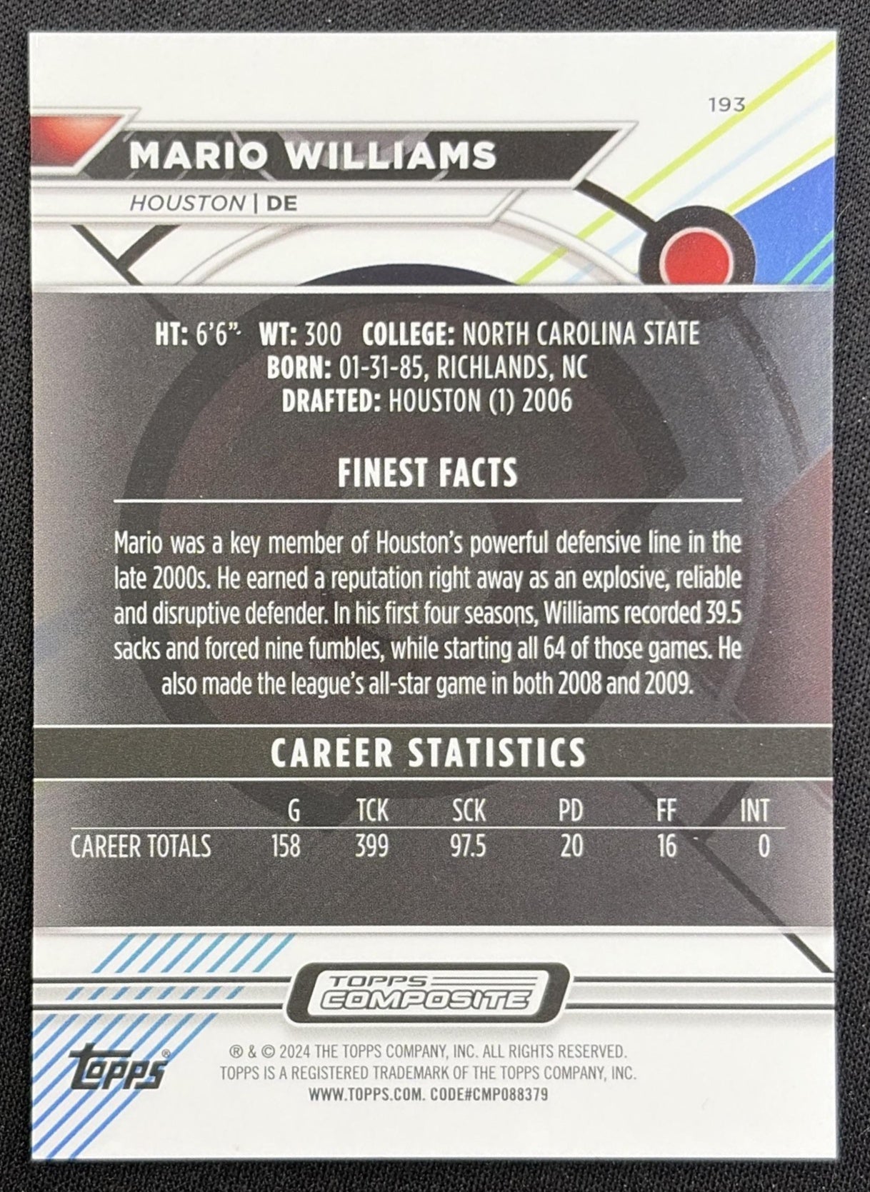 Mario Williams 2023 Topps Composite Finest Blue Checkerboard Refractor /99 Texans