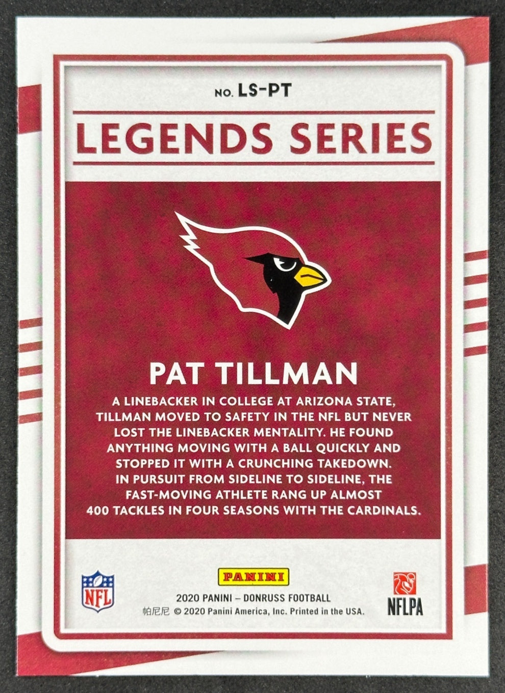 Back of Pat Tillman 2020 Donruss Legends Series Cardinals sports trading card