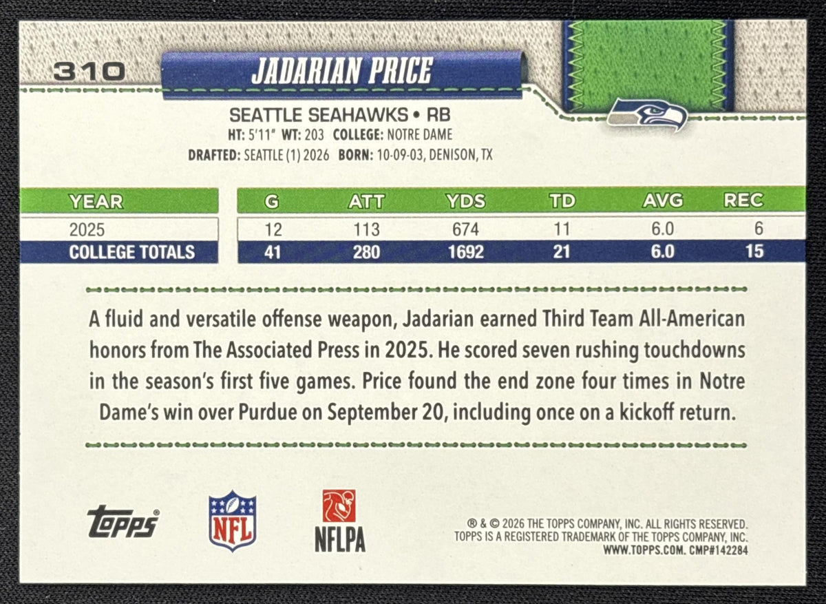 Jadarian Price 2026 Topps Rainbow Foil Seahawks