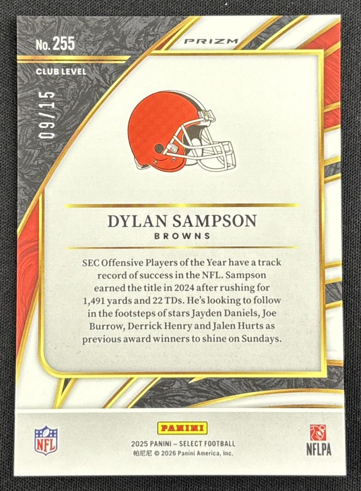 Dylan Sampson 2025 Panini Select Club Level Pink Glitter Prizm /15 Browns