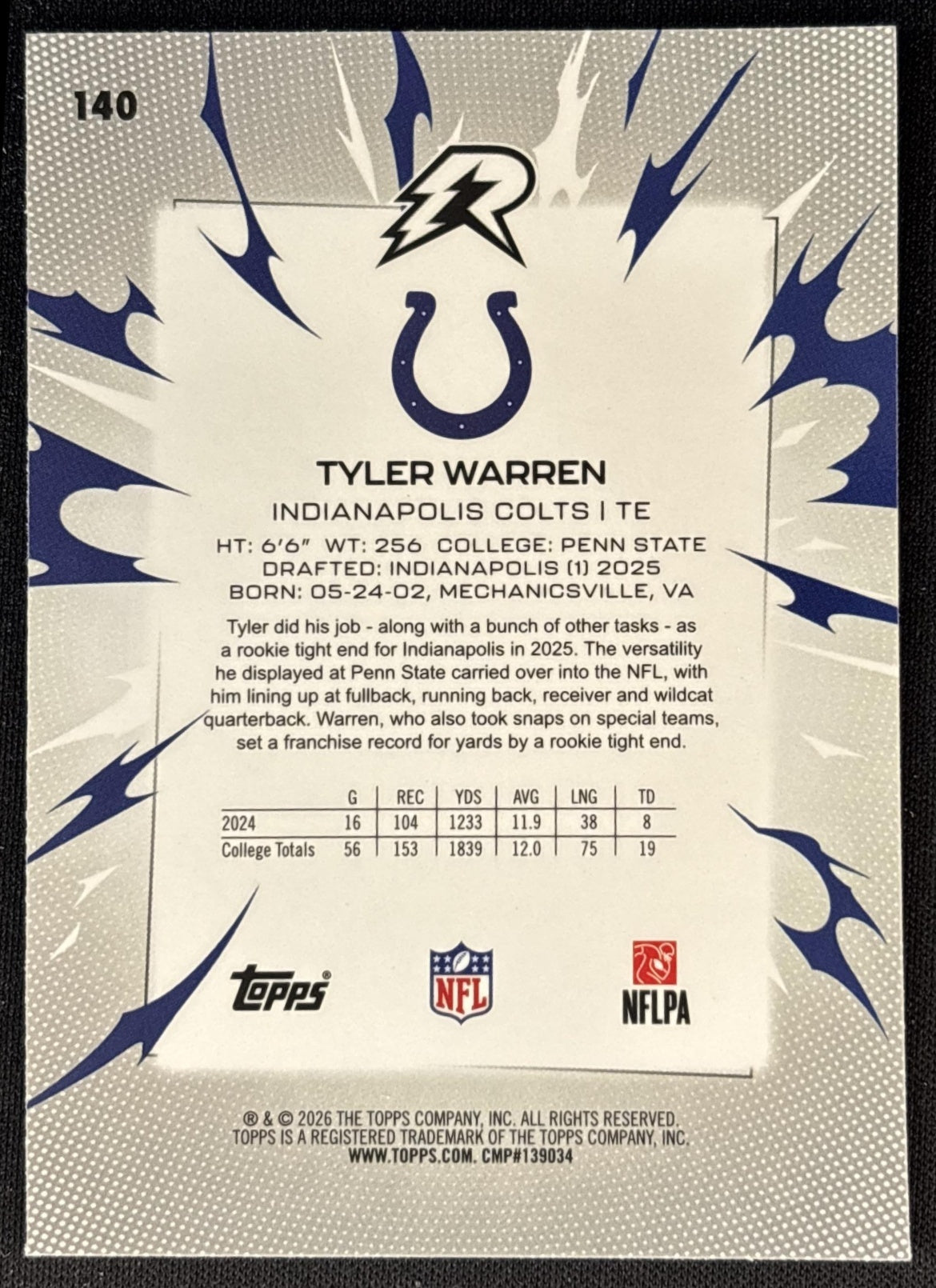 Tyler Warren 2025 Topps Resurgence Sky Blue and Pink Shock Refractor Colts Indianapolis Colts Sports Trading Cards