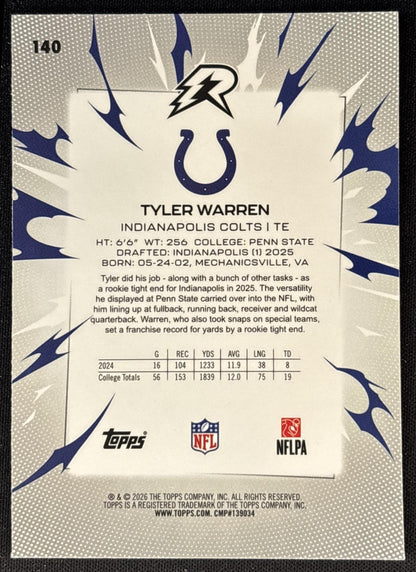 Tyler Warren 2025 Topps Resurgence Sky Blue and Pink Shock Refractor Colts Indianapolis Colts Sports Trading Cards