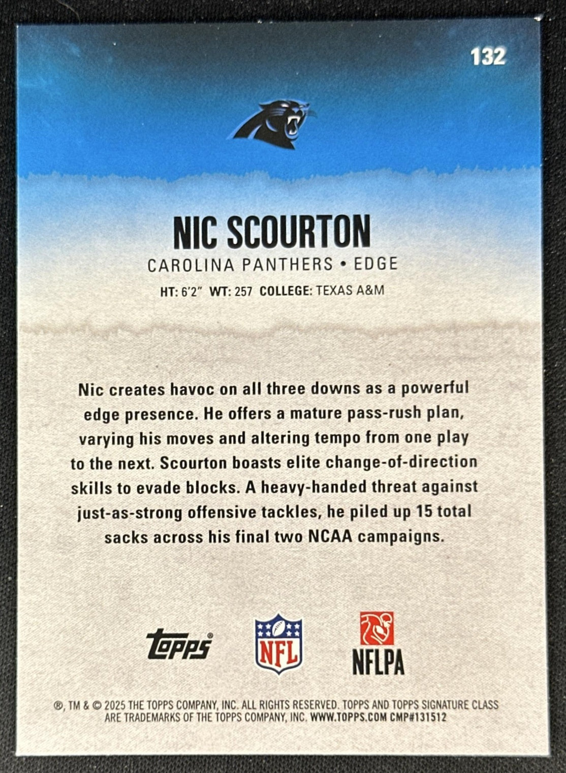 Nic Scourton 2025 Topps Signature Class Rookie Green & Purple Foil Panthers back