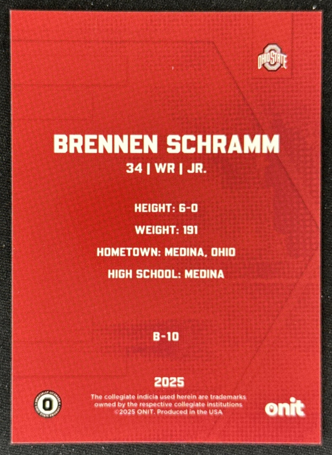 Brennen Schramm 2025 ONIT Athlete Ohio State Buckeyes Sports Trading Card
