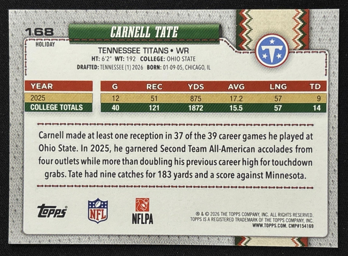 Carnell Tate 2026 Topps Holiday Back Variation Titans - Back