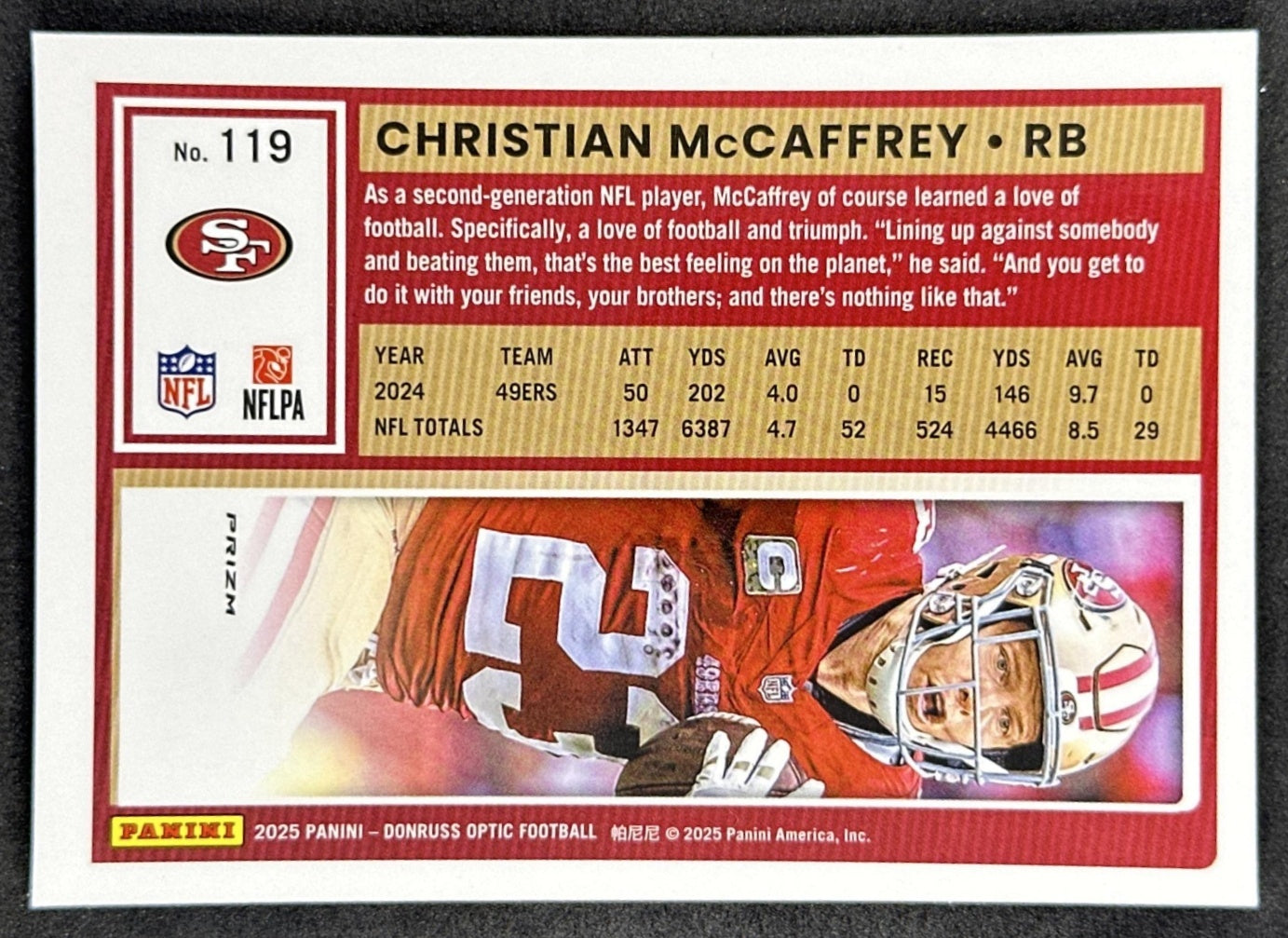 Christian McCaffrey 2025 Panini Donruss Optic Holo Prizm 49ers back