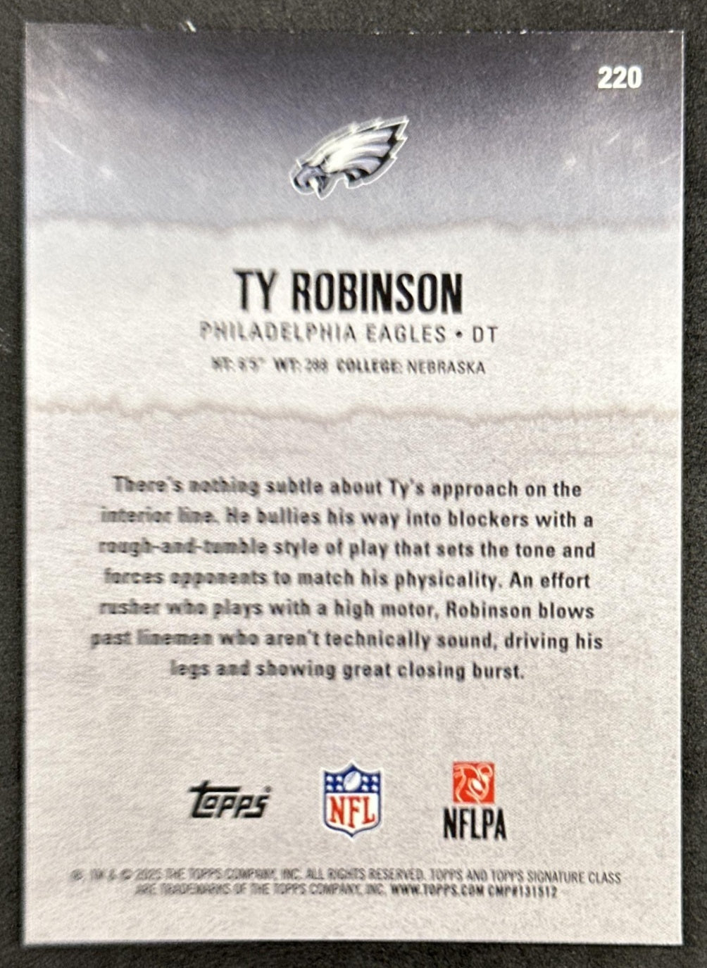 Ty Robinson 2025 Topps Signature Class Rookie Blue & Yellow Foil Eagles back