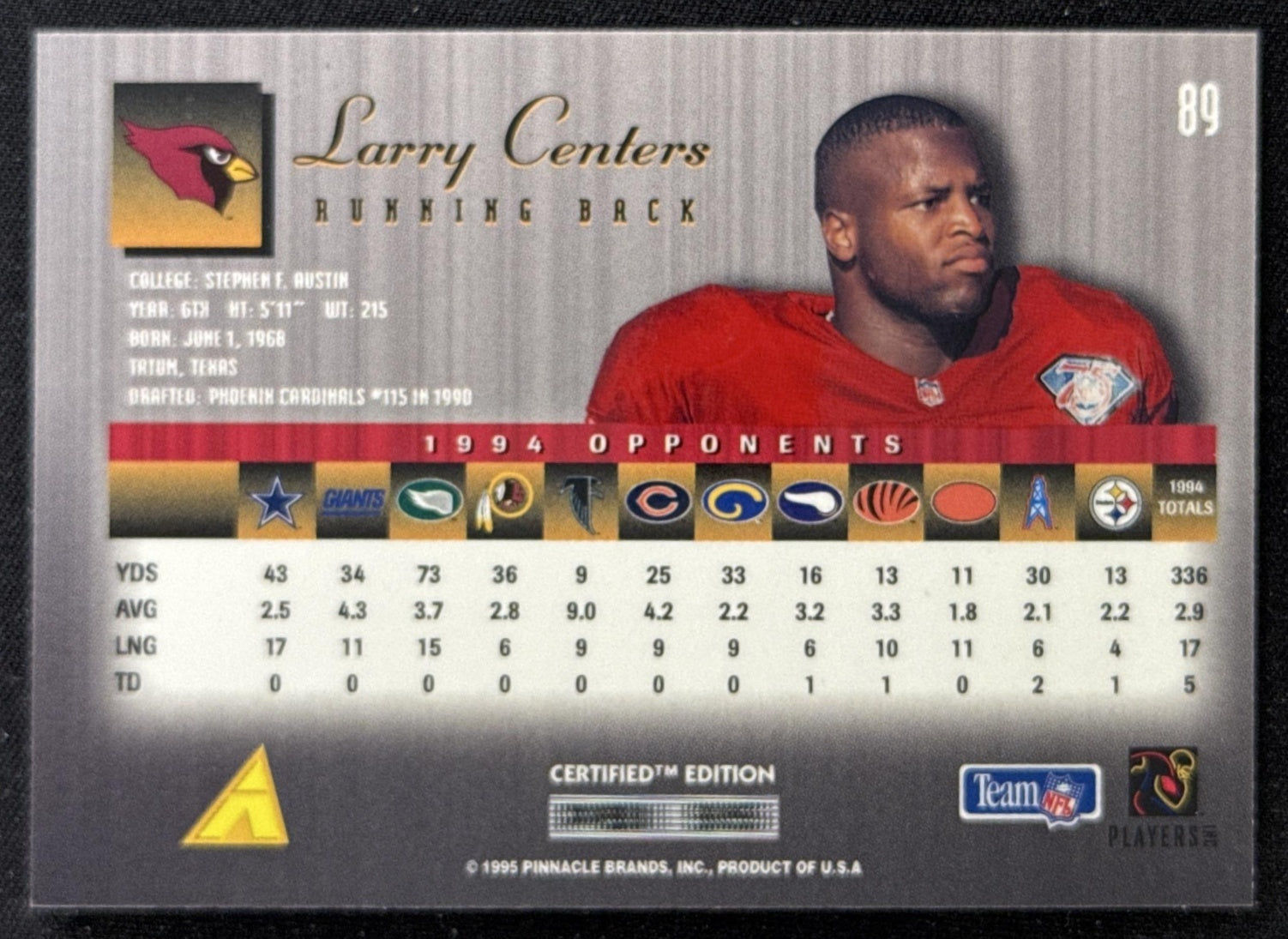 Larry Centers 1995 Pinnacle Select Certified Cardinals Sports Trading Card