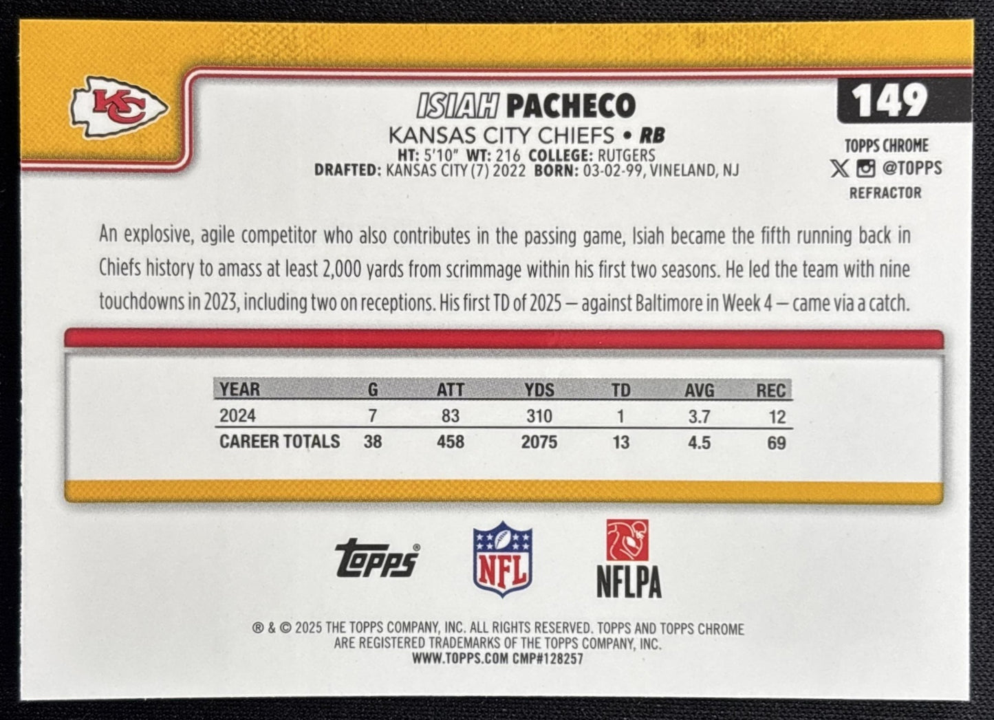 Isiah Pacheco 2025 Topps Chrome Refractor Chiefs Sports Trading Cards
