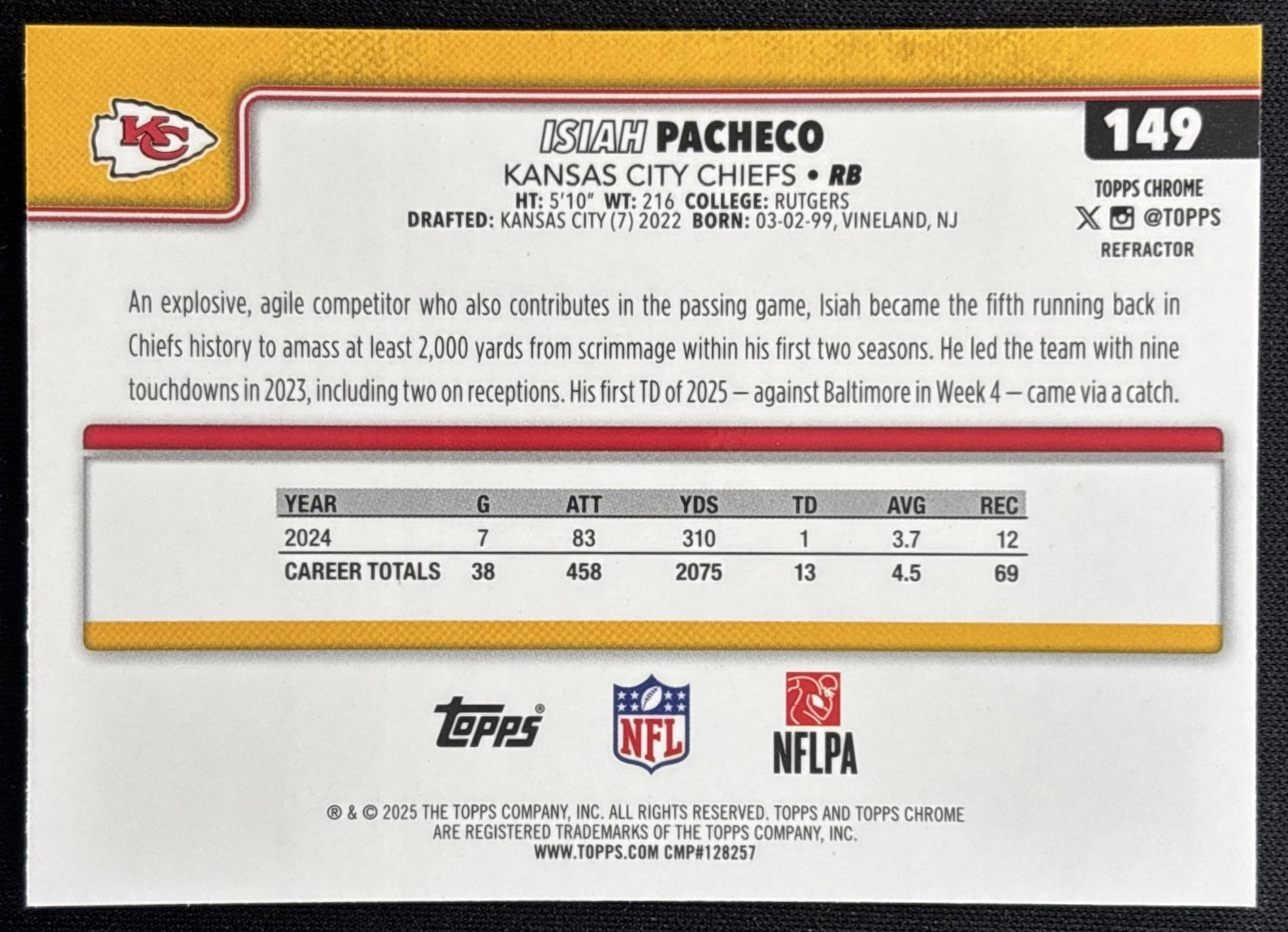 Isiah Pacheco 2025 Topps Chrome Refractor Chiefs Sports Trading Cards