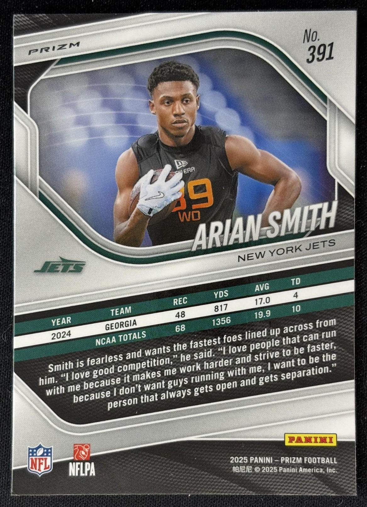 Arian Smith 2025 Panini Prizm White Sparkle Jets back