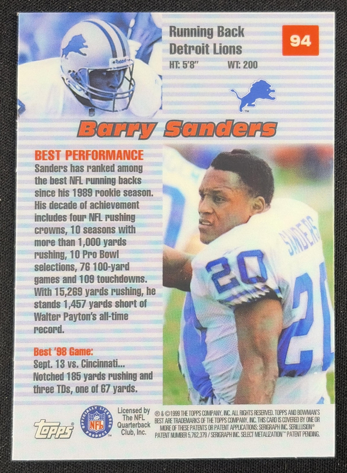 Barry Sanders 1999 Bowman's Best Lions Sports Trading Card
