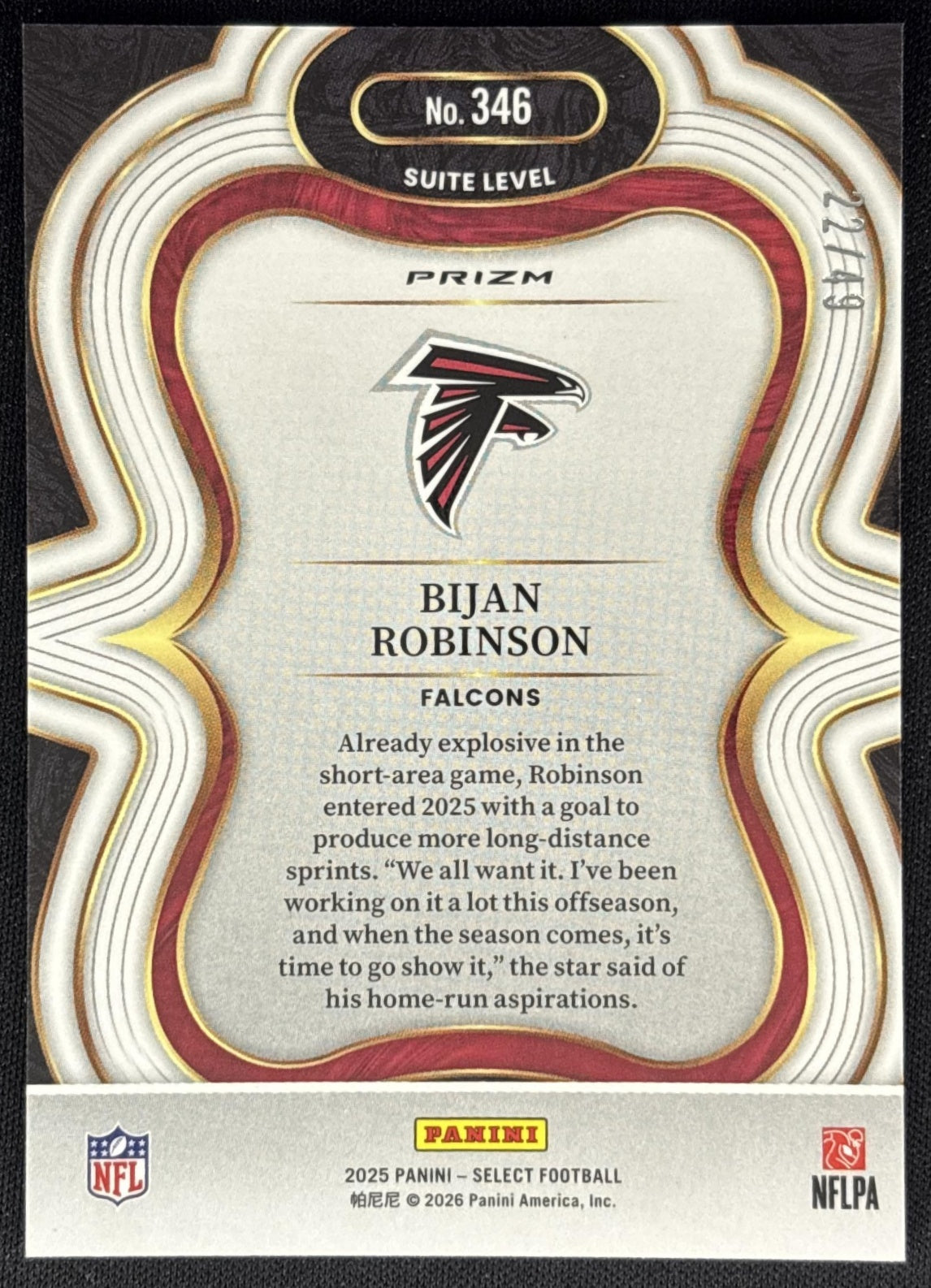 Bijan Robinson 2025 Panini Select Suite Level Red Prizm /49 Falcons back