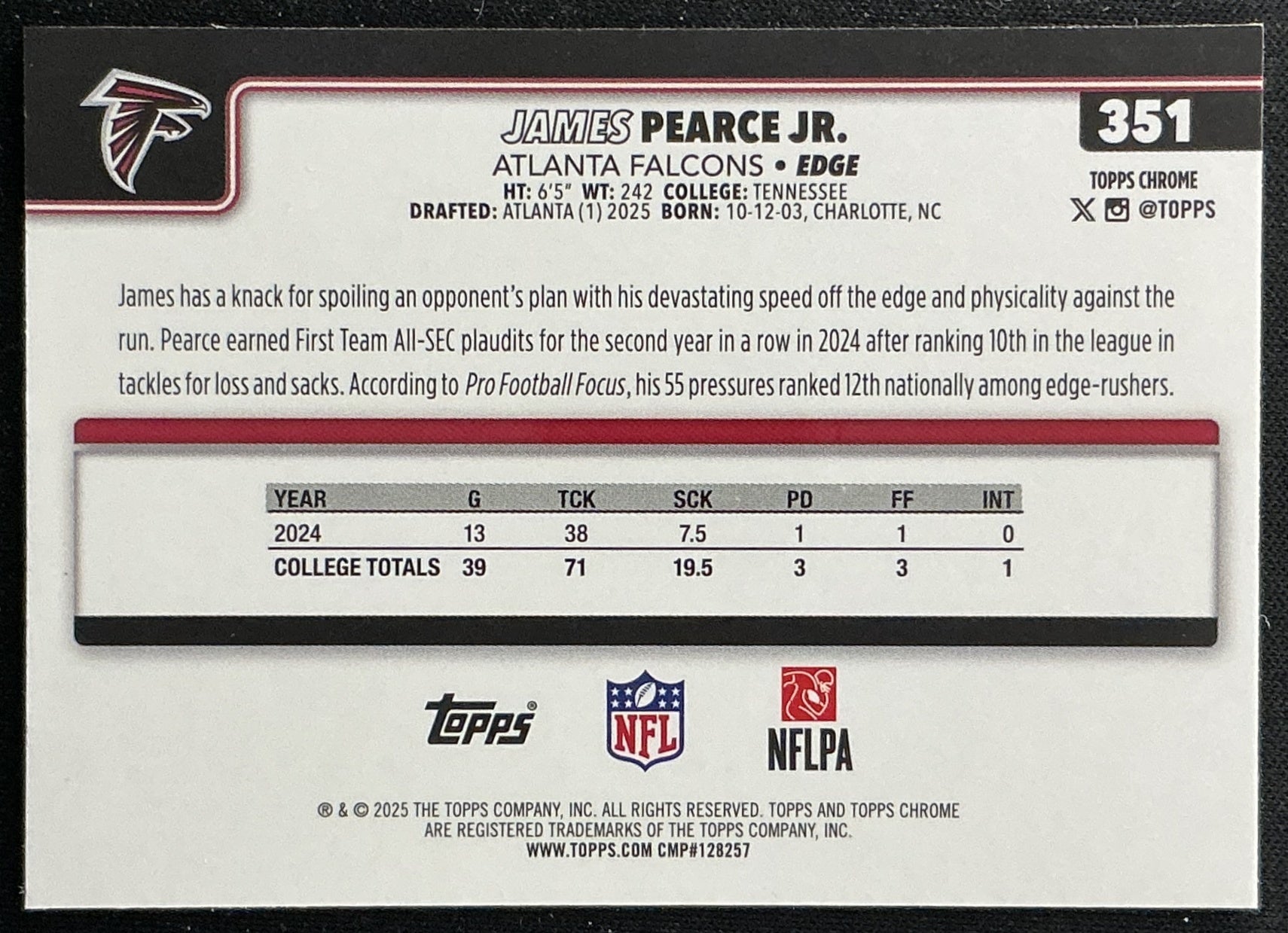James Pearce Jr. 2025 Topps Chrome Rookie Falcons Sports Trading Cards