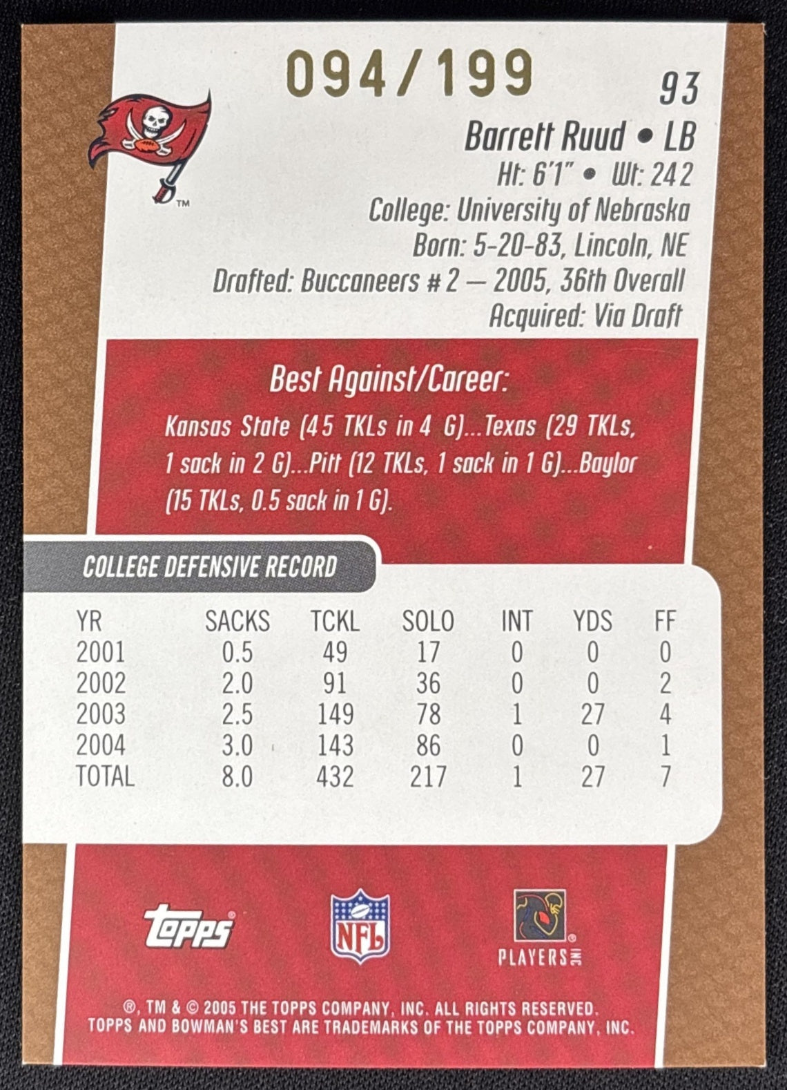 Barrett Ruud 2005 Bowman's Best Bronze /199 Buccaneers Sports Trading Cards