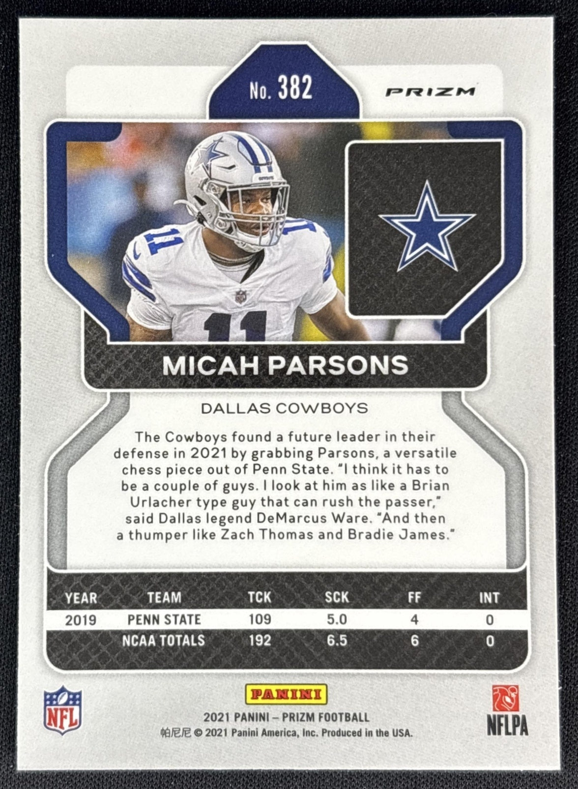 Micah Parsons 2021 Panini Prizm Green Cowboys Back