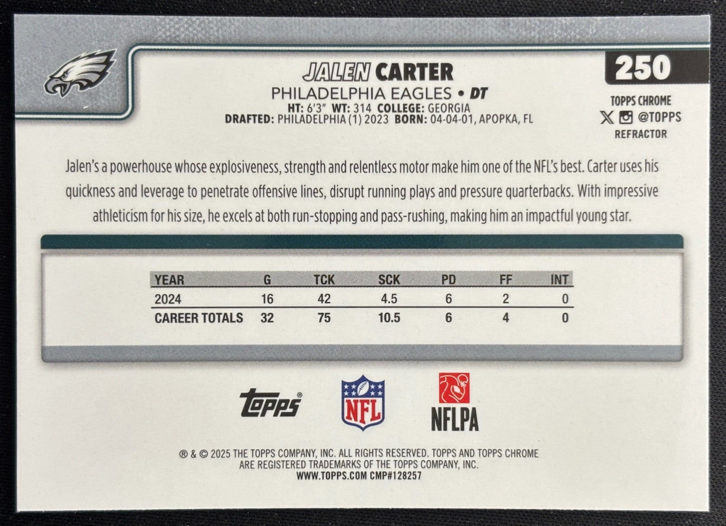 Jalen Carter 2025 Chrome Refractor Eagles Sports Trading Cards