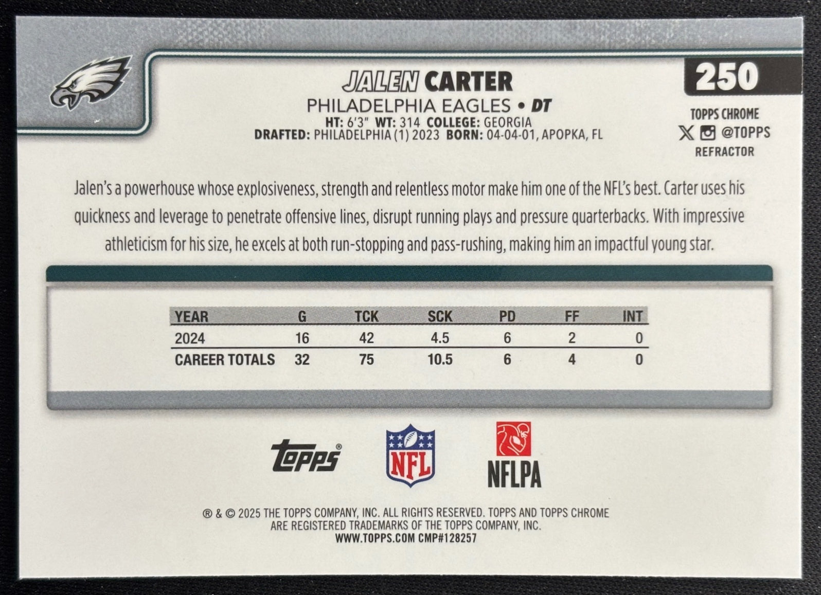 Jalen Carter 2025 Chrome Refractor Eagles Sports Trading Cards