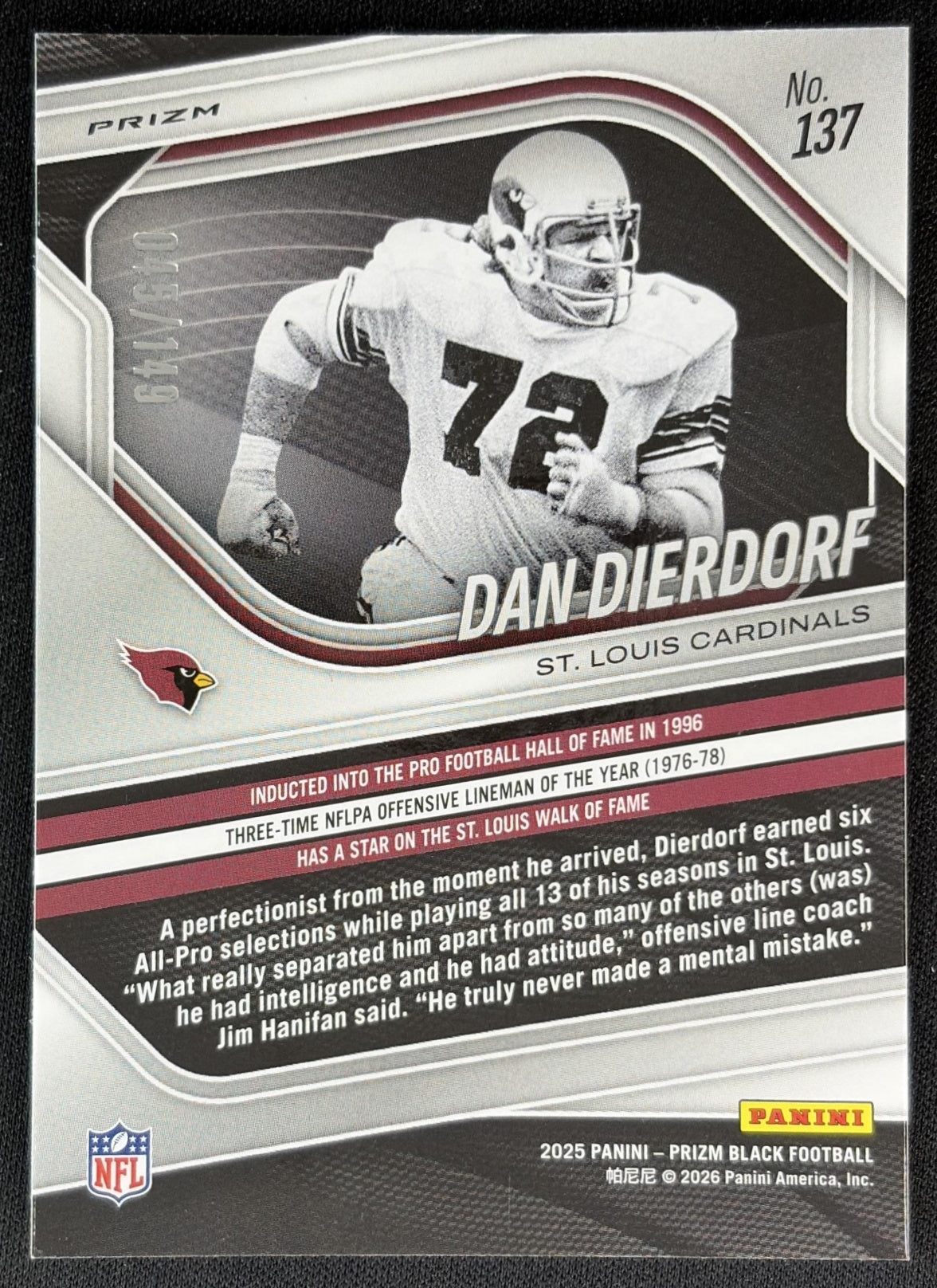 Dan Dierdorf 2025 Panini Prizm Black Purple Ice /149 Back