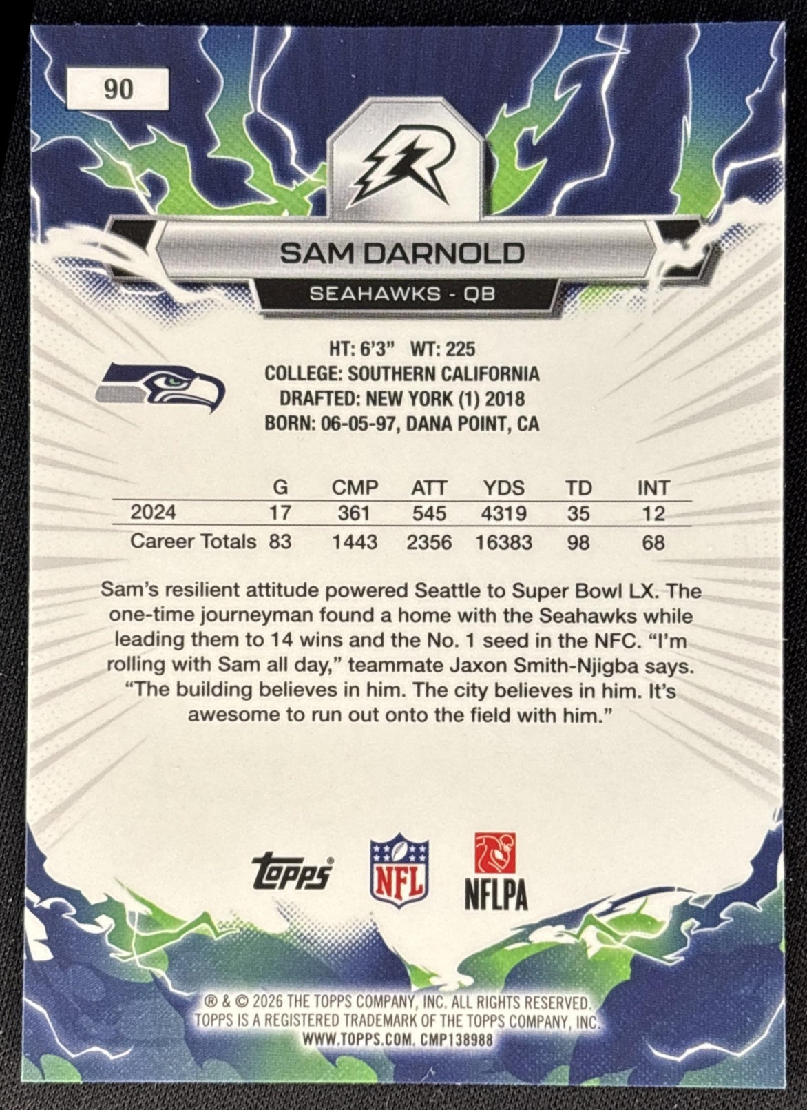 Sam Darnold 2025 Topps Resurgence Seahawks Seattle Seahawks back
