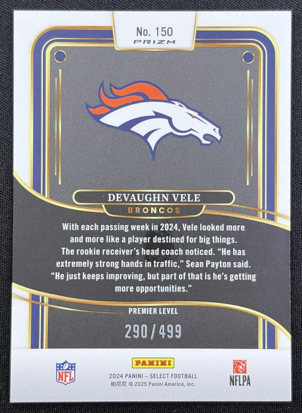 Devaughn Vele 2024 Panini Select Premier Neon Green Prizm Shock /499 Broncos