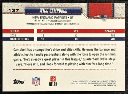 Will Campbell 2026 Topps Rainbow Foil Patriots