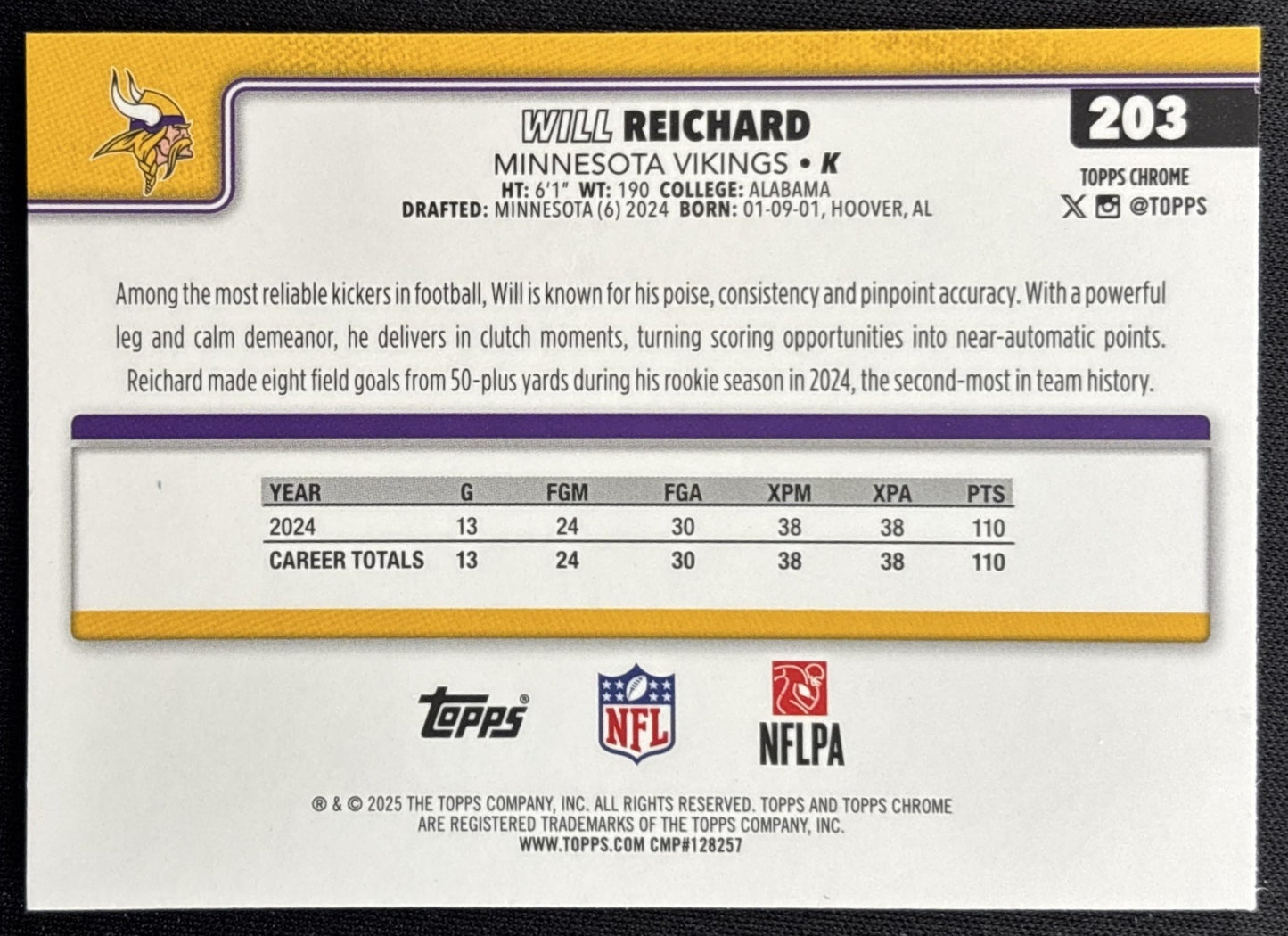 Will Reichard 2025 Topps Chrome Aqua Refractor /199 Vikings Sports Trading Card