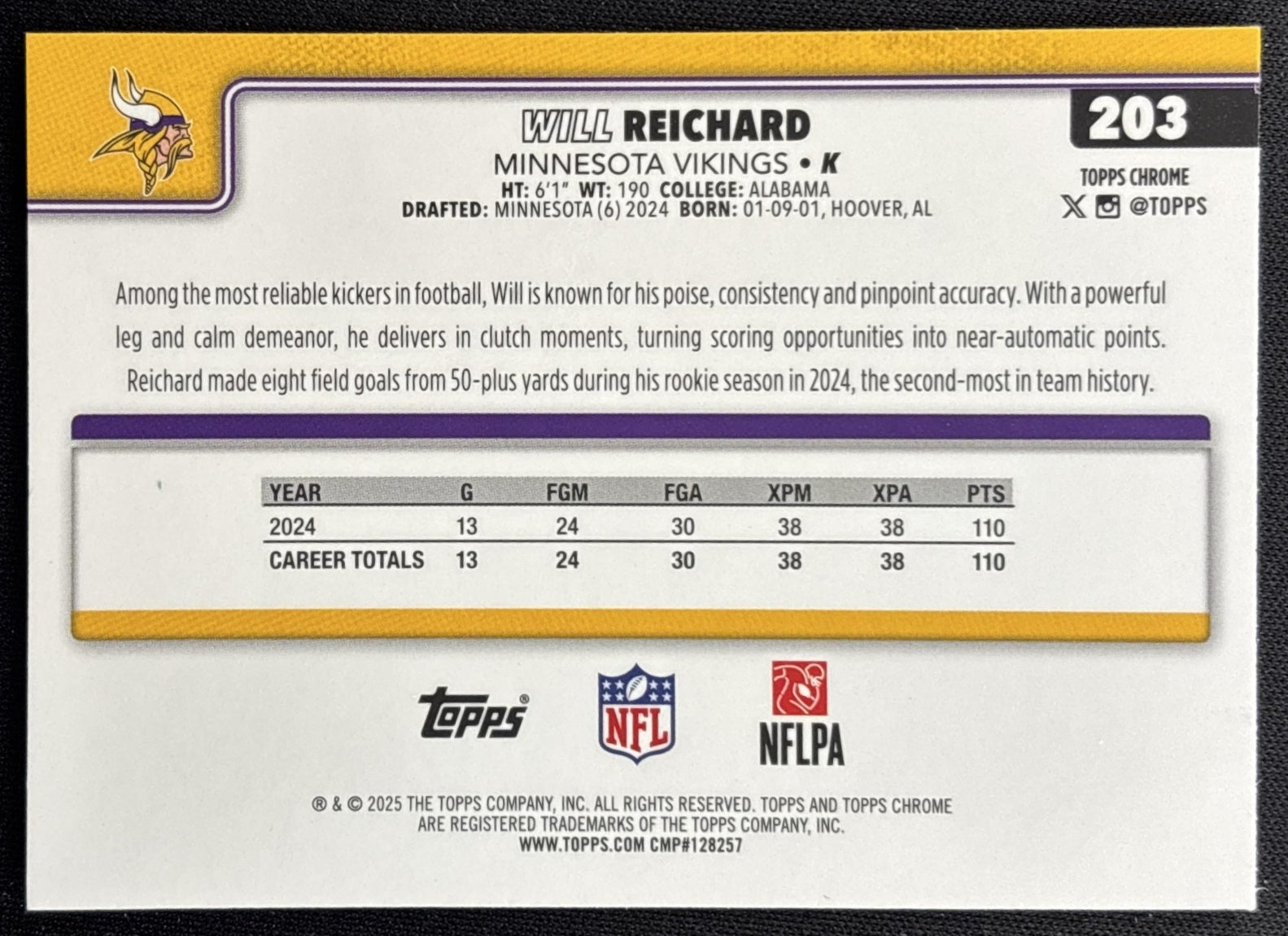 Will Reichard 2025 Topps Chrome Aqua Refractor /199 Vikings Sports Trading Card