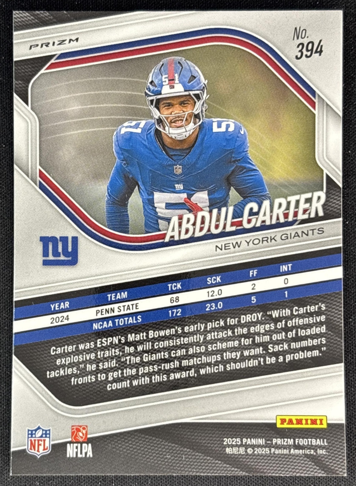 Abdul Carter 2025 Panini Prizm Lazer Giants back
